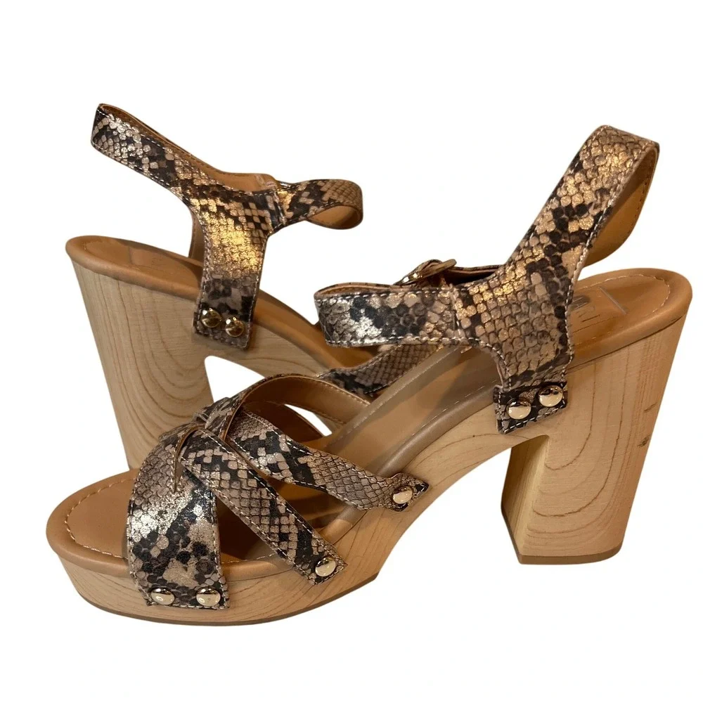 kaari blue‎ Women's Snake Print Platform Wedge Sandals Wood Heel; Ankle Strap